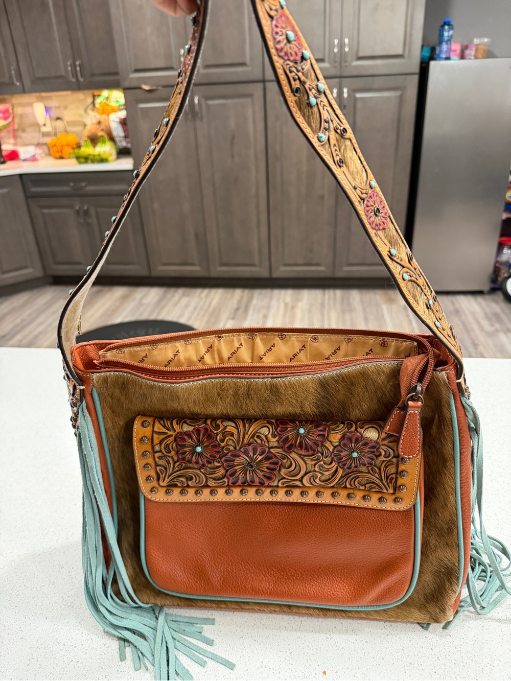 Ariat Lorelei Calf Hair Shoulder Bag Tooled Leather Turquoise Fringe